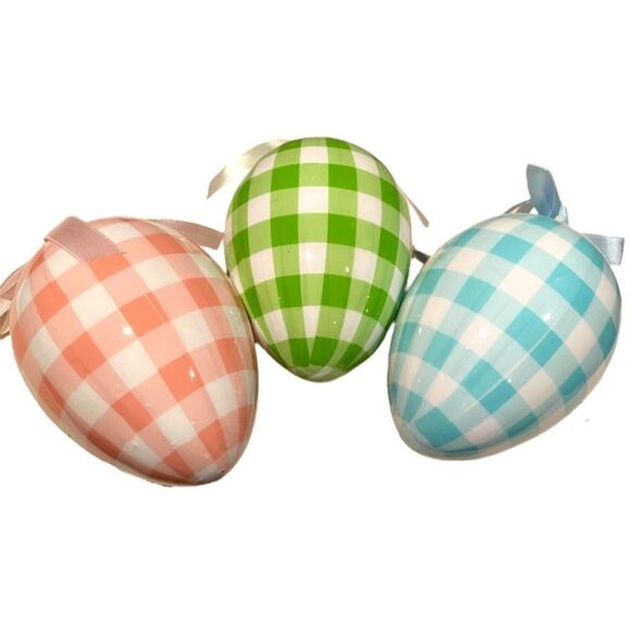 Easter Egg Ornaments Set of 3 Pink Green Blue Gingham Check New - Picture 2 of 2